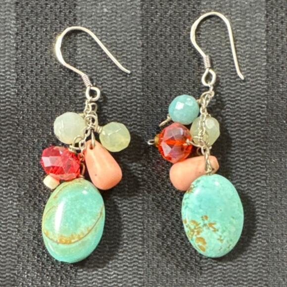 925 Silver, Faux Turquoise, Maybe Agate and Beads Dangle Earrings - Picture 1 of 3
